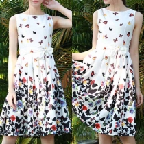 Fashion Sleeveless Round Neck Butterfly Printed Dress