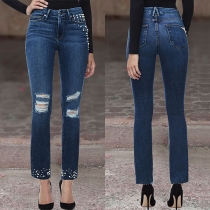 Fashion High Waist Pearl Spliced Ripped Skinny Jeans 