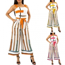 Sexy Backless HIgh Waist Contrast Color Striped Sling Jumpsuit