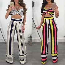 Sexy Striped Bandeau Top + High Waist Wide-leg Pants Two-piece Set 