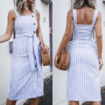 Sexy Backless Side-buttons Striped Sling Dress