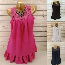 Fashion Lace Spliced Sleeveless Round Neck Ruffle Hem Top