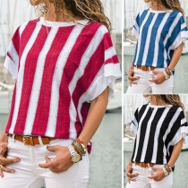 Fashion Short Sleeve Round Neck Striped T-shirt 