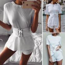 Fashion Solid Color Short Sleeve Round Neck Lace-up T-shirt