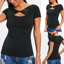 Fashion Solid Color Short Sleeve Ripped T-shirt 