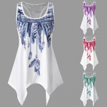 Fashion Round-neck Feathers Printed Sleeveless Embroidered Lace Spliced Shirt
