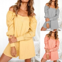 Fashion Solid Color Long Sleeve Boat Neck Loose Dress