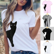 Cute Cat Printed Short Sleeve Round Neck T-shirt 