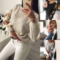 Sexy Hollow Out Lace-up Bowknot Long Sleeve Round Neck Sweater