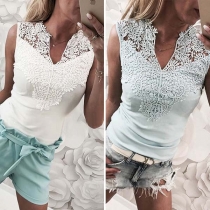 Fashion Sleeveless V-neck Lace Spliced Solid Color T-shirt