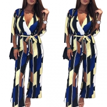 Sexy Contrast Color Twist Deep V-neck Long Sleeve with Wastband Loose Jumpsuit