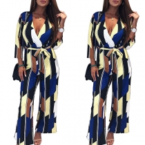 Sexy Contrast Color Twist Deep V-neck Long Sleeve with Wastband Loose Jumpsuit