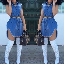 Sexy Solid Color Lapel Single-breasted Sleeveless Irregular Hemline Denim Dress