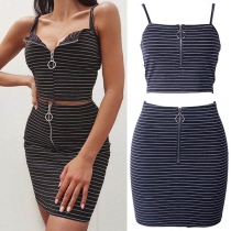Fashion Sling Sleeveless Striped Front Zipper Chop Hemline Top + slim fit Over-hip Short Dress Two-piece Set