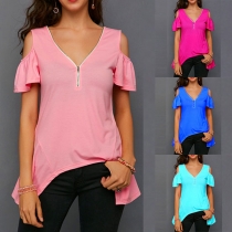 Sexy Off-shoulder Lotus Sleeve Irregular Hem V-neck Top