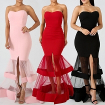 Sexy Strapless Gauze Spliced Fishtail Hem Party Dress