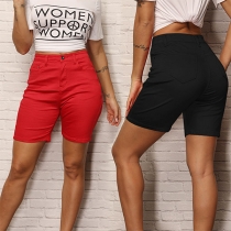 Fashion Solid Color High Waist Zip Fly Side Pockets Shorts 