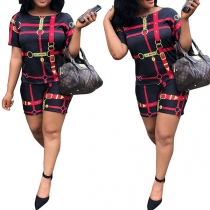 Fashion Short Sleeve Round Neck Printed T-shirt + Shorts Two-piece Set 