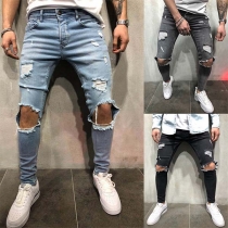 Fashion Side Pockets Ripped Slim Fit Man's Denim Pants