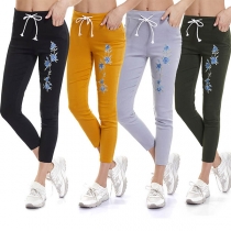 Fashion Solid Color High Waist Embroidered Pencil Pants 