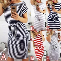 Fashion Short Sleeve Round Neck Lace-up Slim Fit Striped Dress