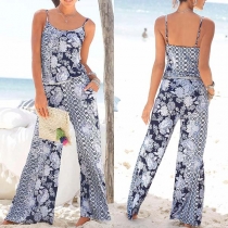 Sexy Backless High Waist Sling Printed Jumpsuit