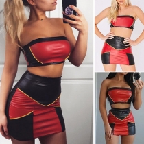 Sexy Contrast Color Bandeau Top + High Waist Skirt Two-piece Set 