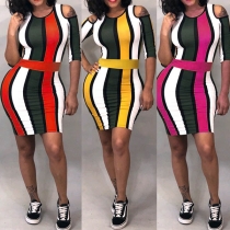 Sexy Off-shoulder Half Sleeve Round Neck Slim Fit Contrast Color Dress