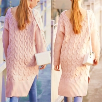 Fashion Solid Color Long Sleeve V-neck Slit Hem Sweater Dress