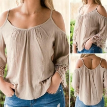 Sexy Off-shoulder Lace Spliced 3/4 Sleeve Solid Color Sling Top