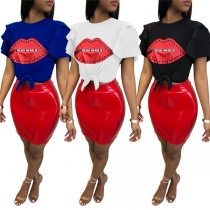 Fashion Lotus Sleeve Red-lip Printed T-shirt + PU Leather Skirt Two-piece Set
