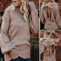 Sexy Bowknot Backless Long Sleeve Solid Color Sweater