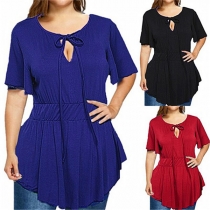 Fashion Solid Color Short Sleeve Lace-up Round Neck T-shirt