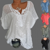 Fashion Short Sleeve V-neck Lace Spliced Loose Top