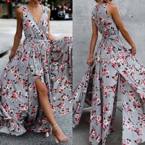 Bohemian Style Sleeveless V-neck Slit Hem Printed Dress