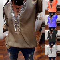 Fashion Sequin Spiced V-neck Long Sleeve Top