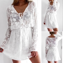 Sexy Deep V-neck Long Sleeve Embroidered Dress