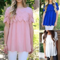 Fashion Solid Color Short Sleeve Round Neck Lace Spliced T-shirt