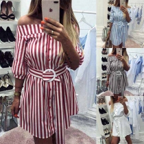 Sexy Off-shoulder Boat Neck Half Sleeve Single-breasted Striped Dress