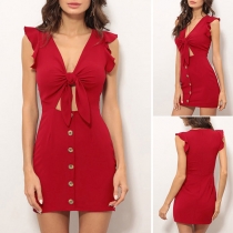 Sexy Knotted Deep V-neck Sleeveless Solid Color Slim Fit Dress