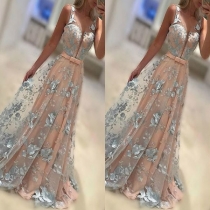 Sexy Backless V-neck High Waist Embroidered Party Dress