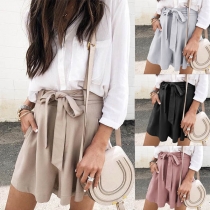 Fashion Solid Color Lace-up High Waist Wide-leg Shorts