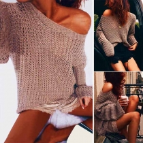 Sexy Oblique Shoulder Long Sleeve Solid Color Hollow Out Knit Sweater