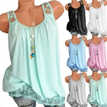 Fashion Solid Color Sleeveless Round Neck Lace Spliced Top