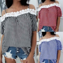 Sexy Off-shoulder Short Sleeve Lace Spliced Sling Plaid Top