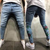 Fashion Rose Slim Fit Ripped Printed Men's Jeans