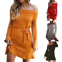 Sexy Off-shoulder Boat Neck Long Sleeve Slim Fit Sweater Dress
