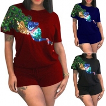 Fashion Sequin Spliced T-shirt + Shorts Two-piece Set