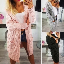 Fashion Solid Color Long Sleeve Hooded Sweater Cardigan  