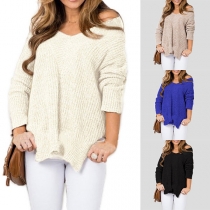 Fashion Solid Color Long Sleeve V-neck Slit High-low Hem Sweater